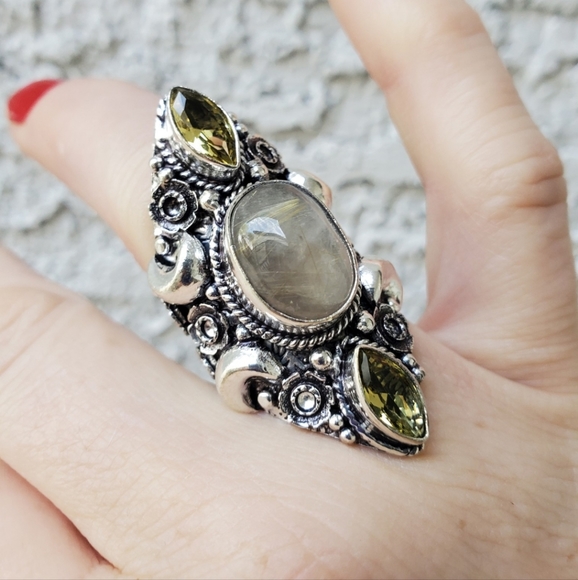 New Golden Rutile and Citrine Crescent Moon 925 Silver Statement Ring. - Picture 12 of 16